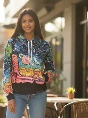 ZooTop Bear Van Gogh Style Graphic Hoodie XL Fleece Lined Pullover Sweatshirt